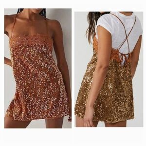 NWT FREE PEOPLE That Girl Slip Gold Sequin Micro Mini Dress Lace Trim XS